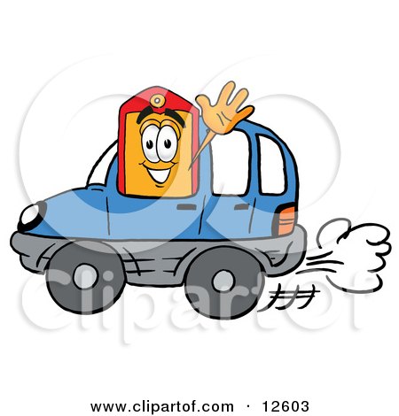 Clipart Picture of a Price Tag Mascot Cartoon Character Driving a Blue Car and Waving by Mascot Junction