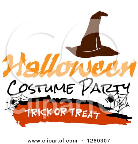 Clipart of a Witch Hat and Spider Webs with Halloween Costume Party Trick or Treat Text - Royalty Free Vector Illustration by Vector Tradition SM