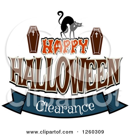 Clipart of a Cat and Coffins over Happy Halloween Clearance Sales Text - Royalty Free Vector Illustration by Vector Tradition SM