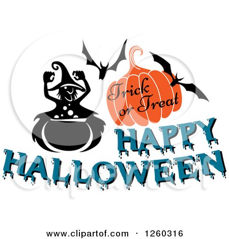 Clipart of a Witch Bats and Pumpkin with Happy Halloween Trick or Treat Text - Royalty Free Vector Illustration by Vector Tradition SM