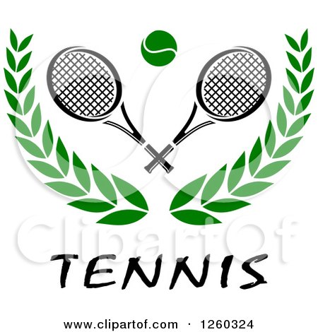 Clipart of a Tennis Ball and Rackets over a Laurel and Text - Royalty Free Vector Illustration by Vector Tradition SM