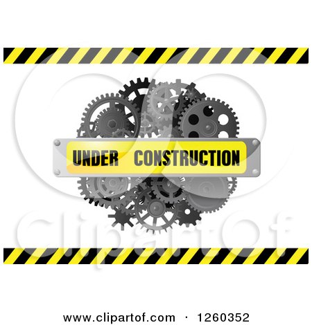 Clipart of a 3d Under Construction Banner over Gears and Hazard Stripes - Royalty Free Vector Illustration by Vector Tradition SM
