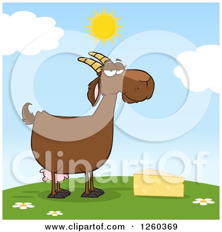 Clipart of a Red Female Boer Goat Doe with Cheese on a Hill - Royalty Free Vector Illustration by Hit Toon