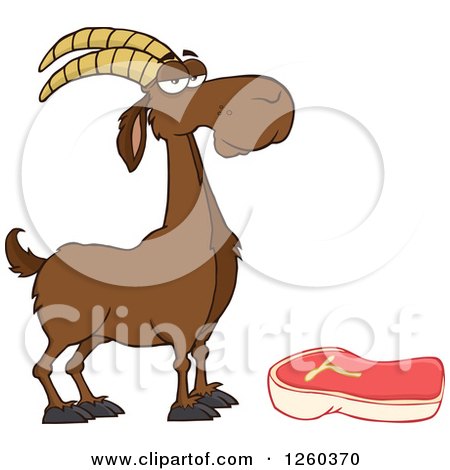 Clipart of a Red Male Boer Goat Wether by a Chevon Steak - Royalty Free Vector Illustration by Hit Toon
