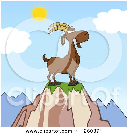Clipart of a Red Male Boer Goat Buck with a Goatee on Top of a Mountain - Royalty Free Vector Illustration by Hit Toon