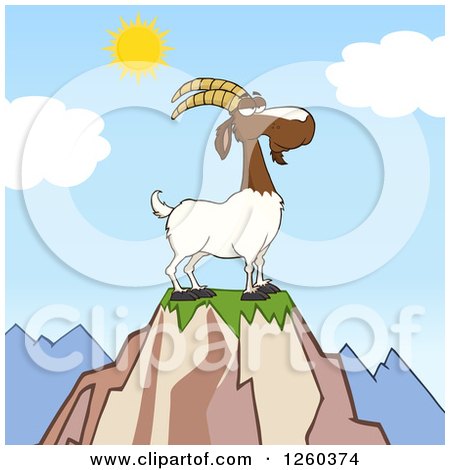 Clipart of a Red and White Male Boer Goat Buck with a Goatee on Top of a Mountain - Royalty Free Vector Illustration by Hit Toon