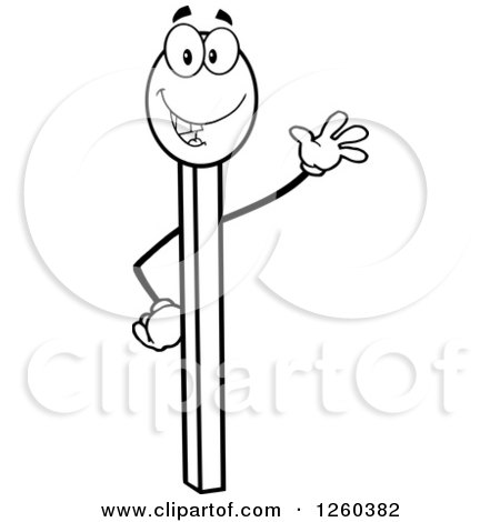 Clipart of a Black and White Friendly Waving Match Stick Character - Royalty Free Vector Illustration by Hit Toon