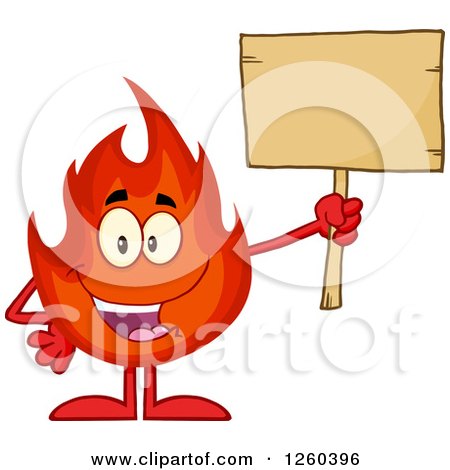 Clipart of a Happy Fireball Flame Character Holding up a Blank Wood Sign - Royalty Free Vector Illustration by Hit Toon