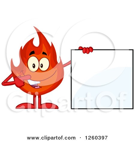 Clipart of a Happy Fireball Flame Character Pointing to a Blank Sign - Royalty Free Vector Illustration by Hit Toon