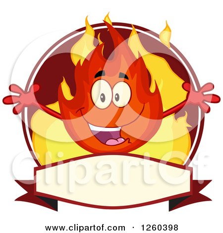 Clipart of a Label of a Happy Fireball Flame Character with Open Arms - Royalty Free Vector Illustration by Hit Toon