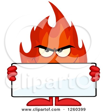 Clipart of a Grinning Evil Fireball Flame Character Holding a Blank Sign - Royalty Free Vector Illustration by Hit Toon