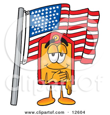 Clipart Picture of a Price Tag Mascot Cartoon Character Pledging Allegiance to an American Flag by Mascot Junction