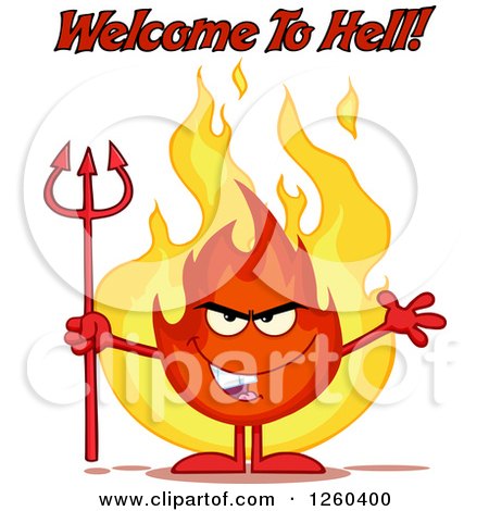 Clipart of Welcome to Hell Text over an Evil Fireball Flame Character Holding a Pitchfork - Royalty Free Vector Illustration by Hit Toon