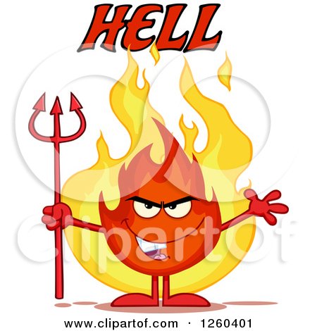 Clipart of Hell Text over an Evil Fireball Flame Character Holding a Pitchfork - Royalty Free Vector Illustration by Hit Toon