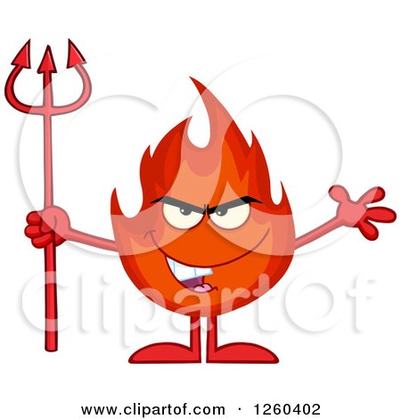 Clipart of a Grinning Evil Fireball Flame Character Holding a Pitchfork - Royalty Free Vector Illustration by Hit Toon