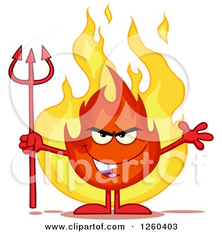 Clipart of a Grinning Evil Fireball Flame Character Holding a Pitchfork - Royalty Free Vector Illustration by Hit Toon
