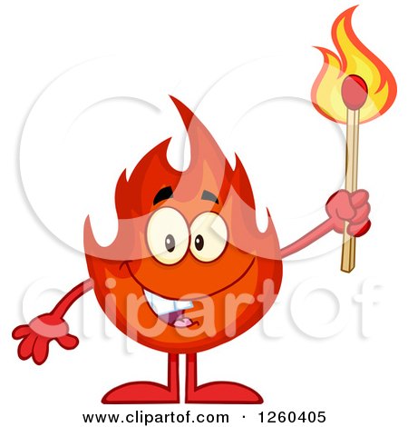 Clipart of a Happy Fireball Flame Character Holding a Match - Royalty Free Vector Illustration by Hit Toon