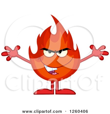 Clipart of a Grinning Evil Fireball Flame Character with Open Arms - Royalty Free Vector Illustration by Hit Toon