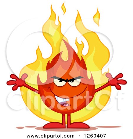 Clipart of a Grinning Evil Fireball Flame Character with Open Arms - Royalty Free Vector Illustration by Hit Toon