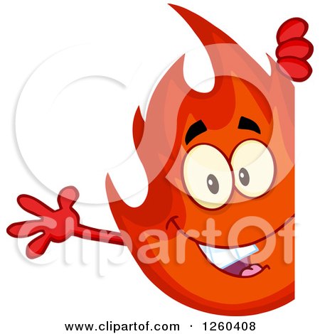 Clipart of a Happy Fireball Flame Character Waving Around a Sign - Royalty Free Vector Illustration by Hit Toon
