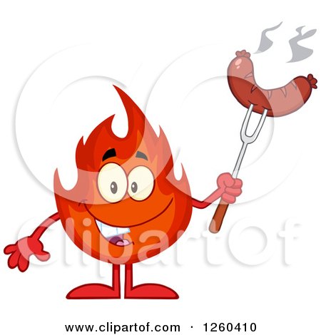 Clipart of a Happy Fireball Flame Character Holding a Sausage on a Fork - Royalty Free Vector Illustration by Hit Toon