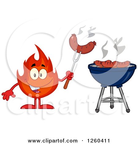 Clipart of a Happy Fireball Flame Character Roasting Sausages on a Bbq Grill - Royalty Free Vector Illustration by Hit Toon