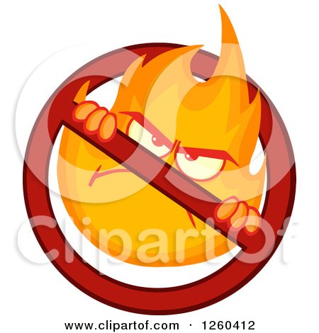Clipart of a Mad Fireball Flame Character in a Prohibited Symbol - Royalty Free Vector Illustration by Hit Toon