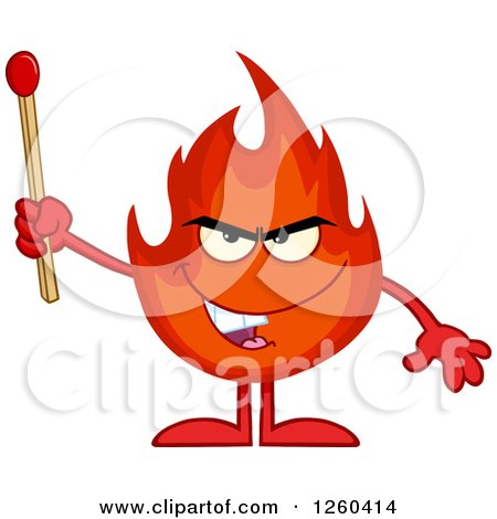 Clipart of a Grinning Evil Fireball Flame Character Holding a Match - Royalty Free Vector Illustration by Hit Toon