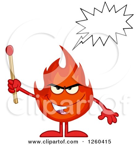 Clipart of a Grinning Evil Fireball Flame Character Talking and Holding a Match - Royalty Free Vector Illustration by Hit Toon