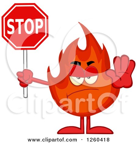 Clipart of a Fireball Flame Character Holding a Stop Sign - Royalty Free Vector Illustration by Hit Toon