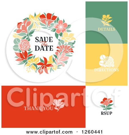 Clipart of a Save the Date Wedding Wreath and Icons - Royalty Free Vector Illustration by elena