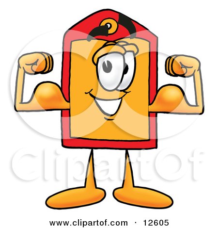 Clipart Picture of a Price Tag Mascot Cartoon Character Flexing His Arm Muscles by Mascot Junction