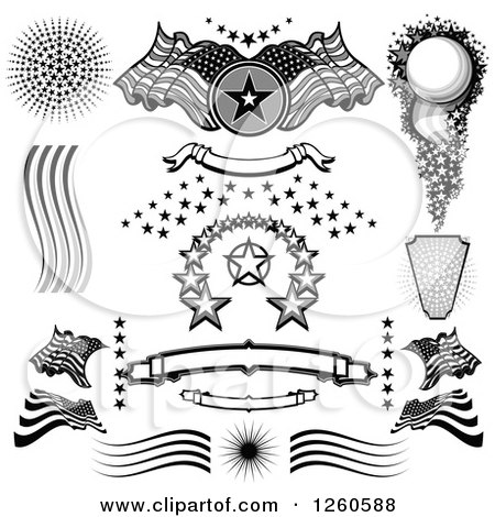 Clipart of Black and White and Grayscale American Themed Design Elements - Royalty Free Vector Illustration by Chromaco