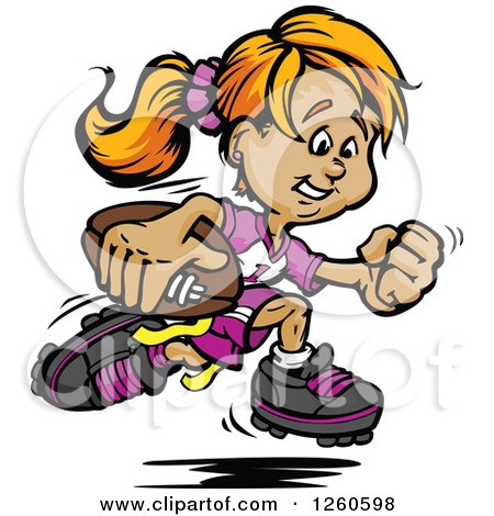 Clipart of a Happy Sporty White Powder Puff Girl Running with a Football - Royalty Free Vector Illustration by Chromaco
