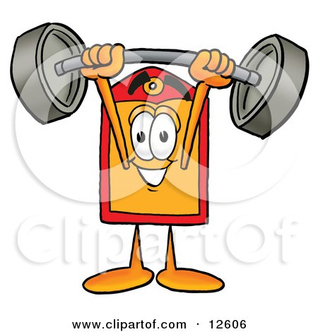 Clipart Picture of a Price Tag Mascot Cartoon Character Holding a Heavy Barbell Above His Head by Mascot Junction