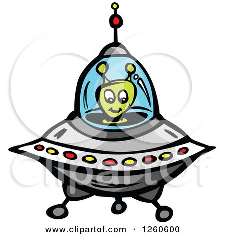 Clipart of a Green Alien Flying a Saucer - Royalty Free Vector Illustration by Chromaco