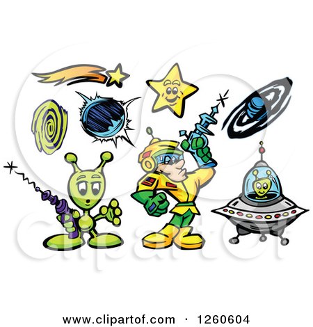 Clipart of a Space Man with Aliens Stars and Planets - Royalty Free Vector Illustration by Chromaco