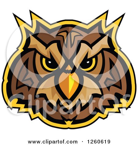 Clipart of a Glaring Owl Mascot Head Outlined in Yellow - Royalty Free Vector Illustration by Chromaco