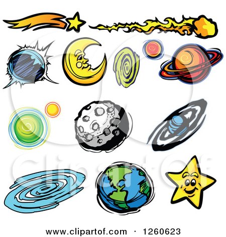 Clipart of a Moon Earth Planets and Stars - Royalty Free Vector Illustration by Chromaco