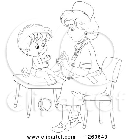 Clipart of a Black and White Female Nurse Tending to a Toddler Boy - Royalty Free Vector Illustration by Alex Bannykh