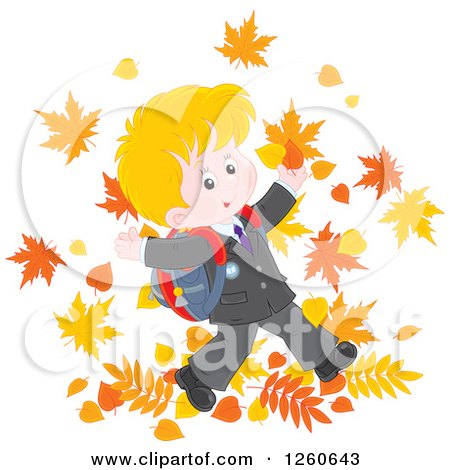Clipart of a Happy Blond Caucasian School Boy Jumping in Autumn Leaves - Royalty Free Vector Illustration by Alex Bannykh