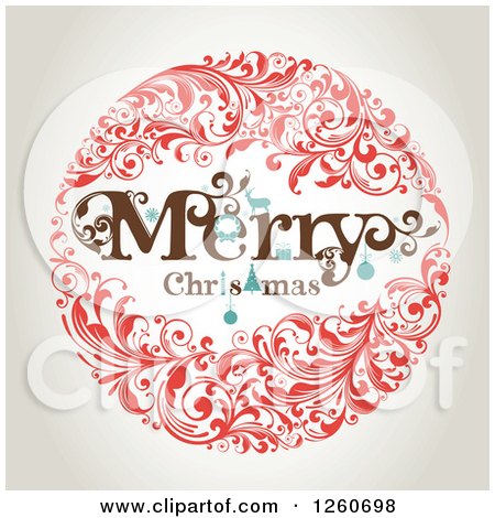 Clipart of a Retro Merry Christmas Floral Wreath on Shading - Royalty Free Vector Illustration by OnFocusMedia
