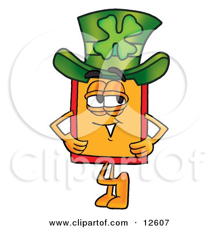Clipart Picture of a Price Tag Mascot Cartoon Character Wearing a Saint Patricks Day Hat With a Clover on it by Mascot Junction