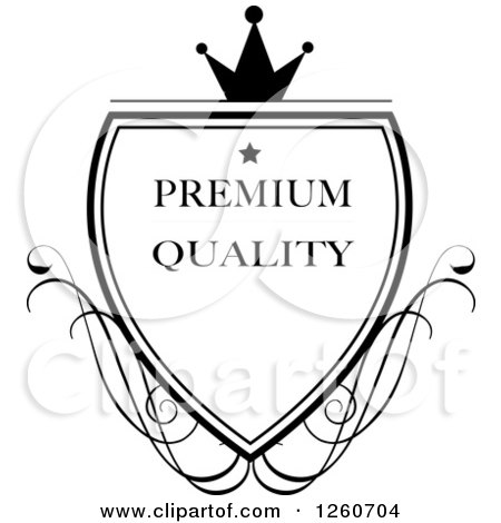 Clipart of a Black and White Crowned Premium Quality Shield with Swirls - Royalty Free Vector Illustration by OnFocusMedia