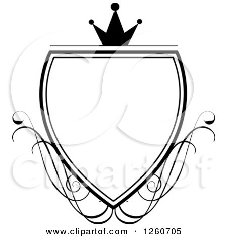 Clipart of a Black and White Crowned Shield with Swirls - Royalty Free Vector Illustration by OnFocusMedia