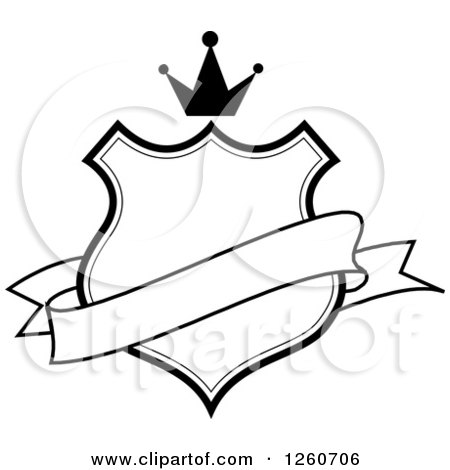 Clipart of a Black and White Crowned Shield with a Blank Banner - Royalty Free Vector Illustration by OnFocusMedia