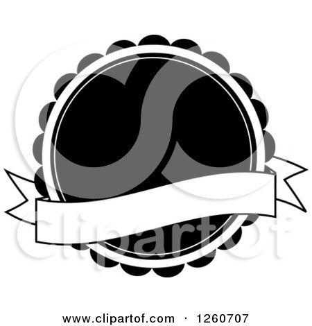Clipart of a Round Black and White Label with a Blank Banner - Royalty Free Vector Illustration by OnFocusMedia