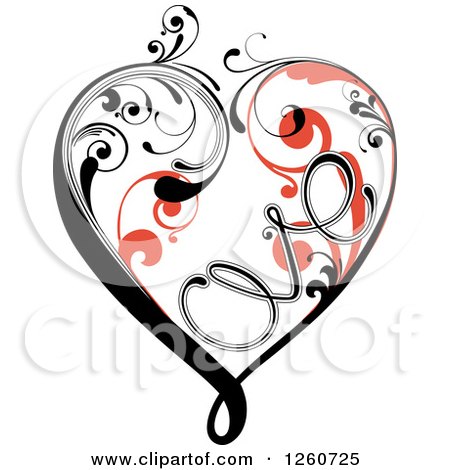Clipart of a White Orange and Black Flourish Heart Spelling LOVE - Royalty Free Vector Illustration by OnFocusMedia