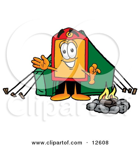 Clipart Picture of a Price Tag Mascot Cartoon Character Camping With a Tent and Fire by Mascot Junction