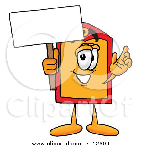 Clipart Picture of a Price Tag Mascot Cartoon Character Holding a Blank Sign by Mascot Junction